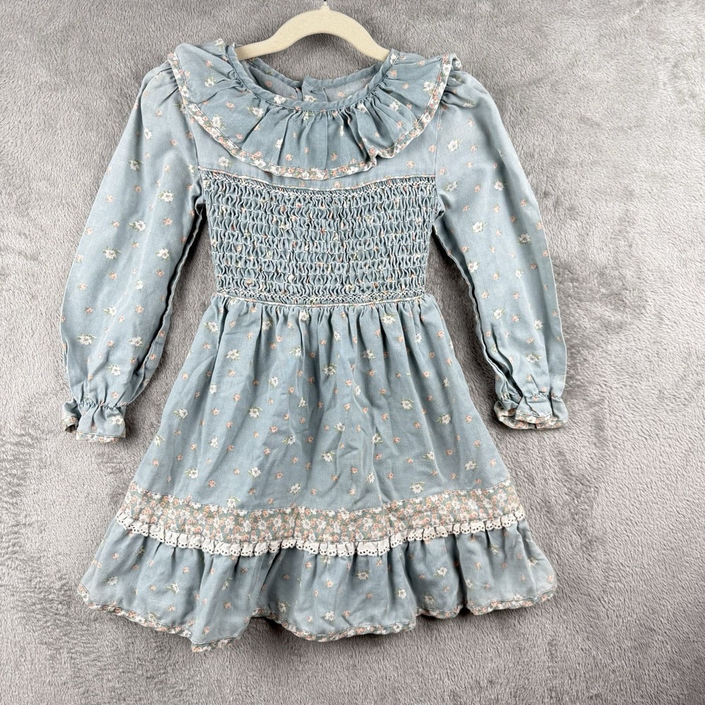 Polly Flinders Smocked Dress Girls 6 Blue Floral Ruffle Collar Vintage Prairie